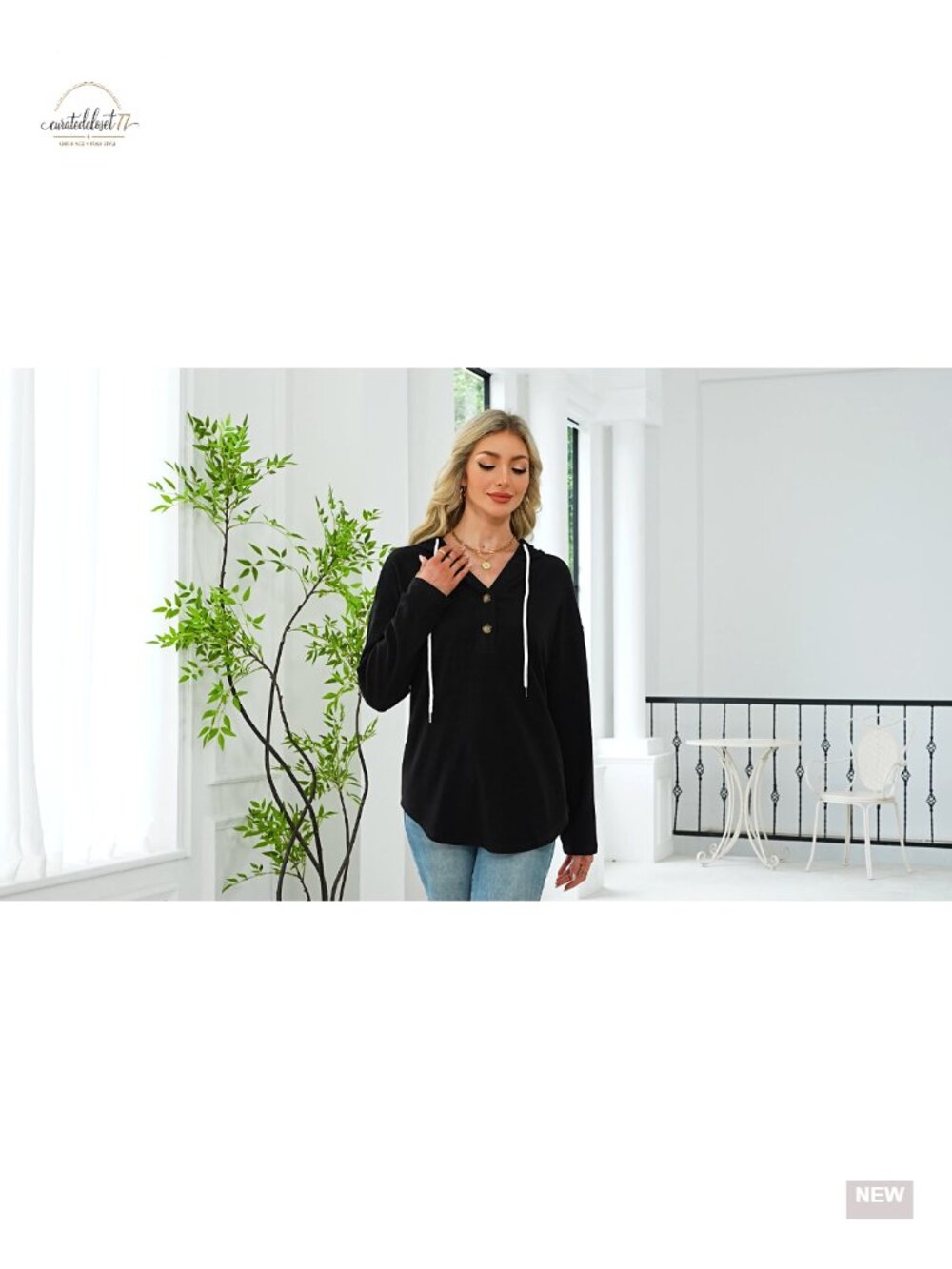 Womens V Neck Hooded Sweatshirt Loose Flowy Tunic Top Long Sleeve Pullover - Picture 6 of 6